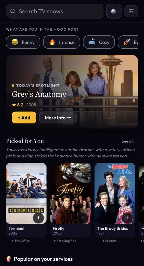 NextEp Discover — AI picks with reasons, mood filters, and spotlight
