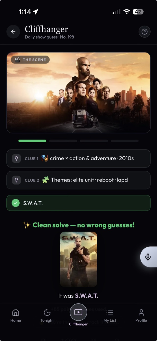 The daily Cliffhanger guess-the-show puzzle in NextEp