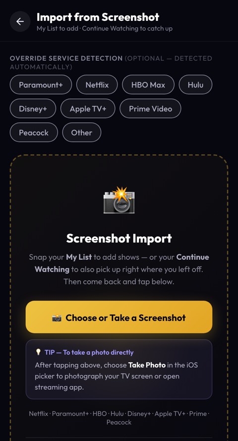 NextEp import — screenshot import plus CSV from TV Time, Trakt, and more