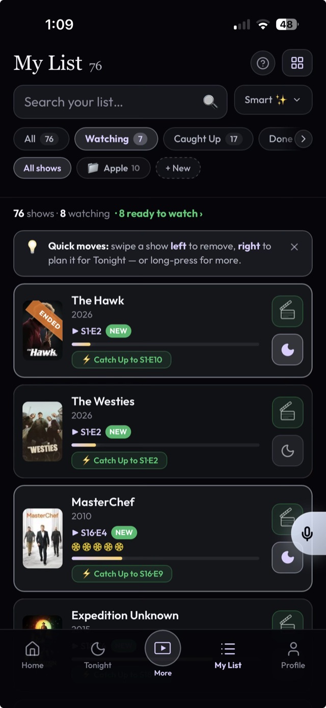 A full watchlist in NextEp — every imported show on the exact episode you were on