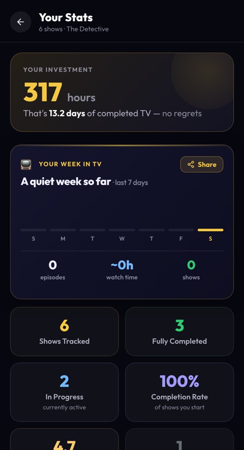 NextEp Stats — hours watched, completion rate, ratings, and streaks
