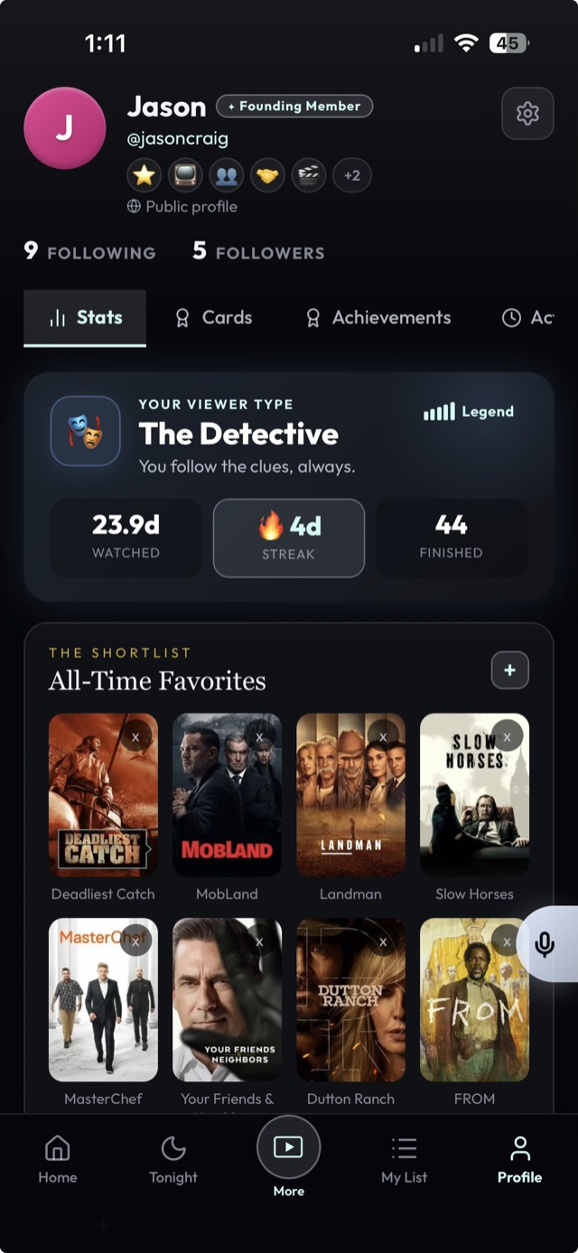 A NextEp profile — viewer type, watch streak, and shows finished